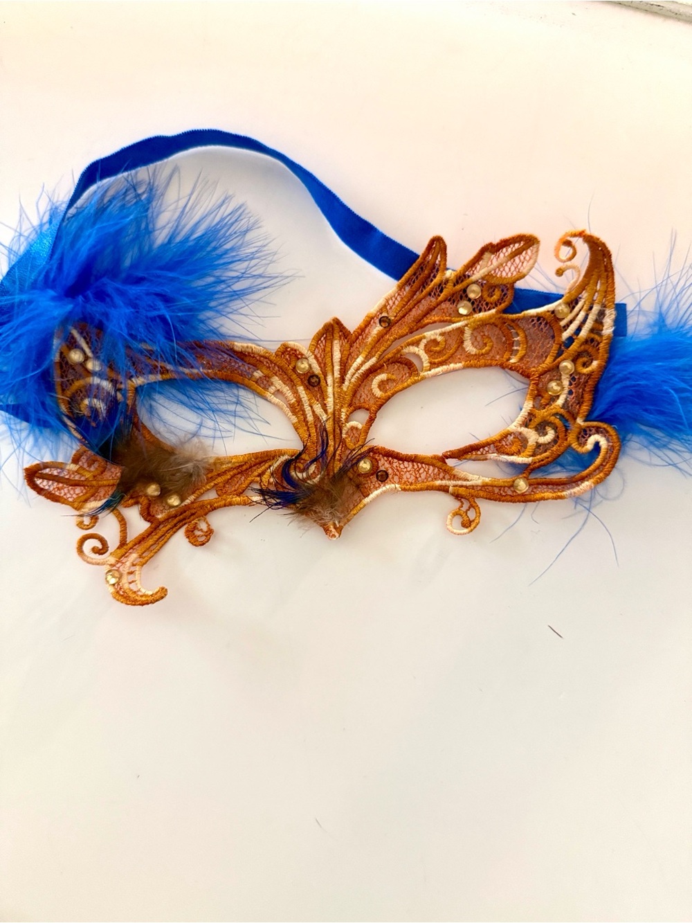Handmade Swarovski Crystal Feather Masquerade Mask BLUE AND TAN